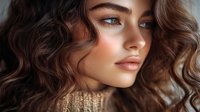 Young woman with natural makeup, glowing skin and wavy brown hair wearing knit sweater, side profile portrait with soft lighting and dreamy atmosphere.