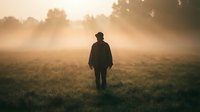 Silhouette of man walking alone in misty field at sunrise with golden light and fog creating atmospheric mood for contemplation and solitude concepts.