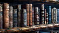 Collection of vintage leather bound books arranged on wooden shelf, perfect for education, library, and knowledge concepts, featuring classic literature with ornate spines and gold lettering.