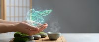 Hands cupped above spa stones with glowing green energy aura, wellness meditation concept for holistic healing and spiritual balance treatments.