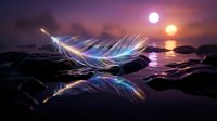 Luminous feather floating above tranquil water surface with cosmic sunset sky and dual suns creating magical reflections on rocky shoreline landscape.