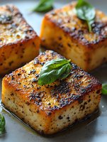 Pan-seared tofu cubes with crispy caramelized exterior, seasoned with black pepper and garnished with fresh basil leaves, served on white surface.