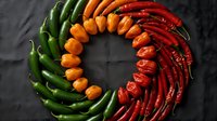 Colorful chili peppers arranged in circular pattern on dark slate background showing heat levels from mild green to fiery red hot spicy varieties.