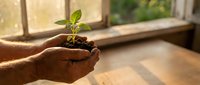 Hands gently holding young green plant seedling with soil near bright window. Growth, nurturing, environmental care and new life concept for gardening projects.