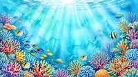 Underwater coral reef scene with colorful tropical fish, marine life and sunlight rays streaming through blue ocean water for educational content.