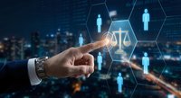 Businessman touching glowing digital scales of justice with human figures on hexagonal network against city lights background.
