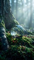 Crystal sphere resting on moss-covered forest floor with sunlight filtering through trees creating magical woodland atmosphere for meditation concepts.