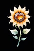 Artistic sunflower with heart-shaped center on black background. Decorative floral illustration perfect for Valentine's cards, romantic designs, and nature-inspired artwork. Isolated botanical element