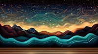 Mystical mountain landscape under starry night sky with flowing aurora waves and swirling patterns in vibrant turquoise, gold and purple colors.