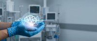 Gloved hand holding glowing brain hologram in modern medical laboratory with advanced equipment and technology backdrop.