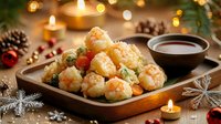 Juicy shrimp appetizer with garlic butter sauce served on wooden plate with dipping sauce. Holiday table setting with candles and festive decorations.