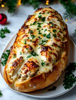 Cheesy stuffed French bread topped with melted mozzarella and fresh herbs, garnished with parsley against festive holiday background with bokeh lights and evergreen.