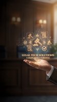 Hand holding glowing legal tech icons with gavel and compliance symbols, representing digital law solutions and verified regulatory technology.