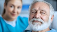 Senior Caucasian man with white beard smiling while receiving care from female nurse in blue scrubs, representing healthcare and elderly care services.