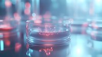 Glowing liquid in glass container with neon blue and pink bokeh background creates futuristic atmosphere, suitable for technology and science concepts.