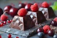 Dark chocolate geometric pyramids topped with fresh raspberries and surrounded by mixed berries on slate surface, macro food photography in natural light.