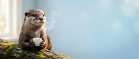 Cute otter holding a steaming coffee cup, sitting on a mossy log with a soft blue background, copy space for text.