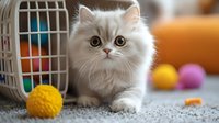 Adorable white Persian kitten with big round eyes lying on carpet near pet carrier and colorful toy balls, creating heartwarming domestic scene.