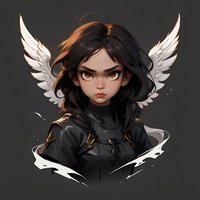 Young Asian female character with white wings and black hair wearing dark armor against dramatic dark background, stylized digital art portrait.