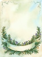 Watercolor botanical frame with green foliage, purple flowers, and cream banner on soft pastel background. Isolated design element for invitations, cards, and decorative projects.