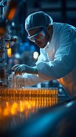 African American scientist in protective gear examining test tubes with glowing orange liquid in modern research laboratory during medical experiment.
