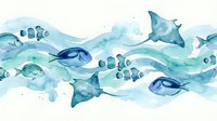Watercolor marine life seamless pattern with tropical fish, stingrays and ocean waves in blue tones. Repeating aquatic border design for textile and decor.