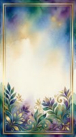 Watercolor gradient background with gold frame border and ornamental foliage flourishes at bottom, isolated on white space for invitations, cards, posters, and design projects.