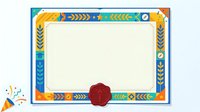 Decorative certificate frame with colorful geometric borders, wax seal, and blank cream center space for text, suitable for diplomas, awards, and formal documents.