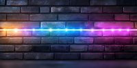 Glowing neon light streak on dark brick wall background with rainbow spectrum colors from orange to purple, modern urban nightlife atmosphere.