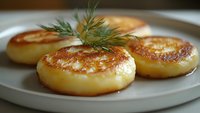 Golden fried cheese pancakes with fresh dill garnish on white plate, traditional Eastern European cuisine for breakfast or appetizer.
