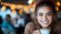 Young Mediterranean woman with bright smile holding coffee cup with latte art in cafe setting with warm bokeh lights and cozy atmosphere. Lifestyle portrait.
