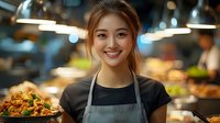 Young Asian female chef smiling while presenting colorful stir-fry dish in professional restaurant kitchen with warm lighting and cooking equipment in background.