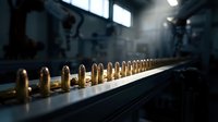 Row of golden brass ammunition bullets lined up on metal surface in dramatic lighting with industrial background for military training concepts.
