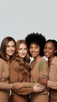 Four diverse women friends embracing in matching brown sweaters showing unity and friendship on neutral background for lifestyle campaigns.