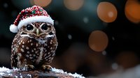 Adorable burrowing owl wearing Santa hat with snow and bokeh lights background creates magical winter holiday atmosphere.