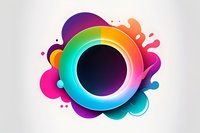 Vibrant rainbow colored circular frame with liquid splash effects and gradient color transitions on white background, ready for creative design projects.