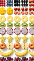 Colorful fresh fruit pattern with sliced tropical and berry varieties arranged in organized rows on white background for healthy eating concepts.