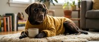Chocolate Labrador dog wearing yellow sweater and glasses with coffee cup in cozy living room setting for pet lifestyle and humor concepts.