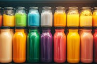 Assorted colorful beverages in glass jars and bottles arranged in rows, including green, blue, orange, yellow, and pink drinks for juice bar, smoothie shop, or beverage retail display.
