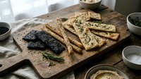 Assorted crackers and seeded flatbreads arranged on wooden board with herbs and dips for appetizers, snacks, entertaining, food styling and culinary content.