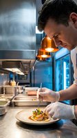Professional chef plating gourmet dish in modern restaurant kitchen with precision and culinary expertise for fine dining service.