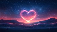 Glowing pink heart shape formed by stars and sparkles floating above mountain silhouettes at night with magical purple and blue starry sky background.