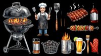 Barbecue grill set with chef, tools, ribs, skewer, beer, and sauce isolated on transparent background. Great for t-shirt design, clipart, print on demand, stickers, sublimation.