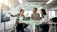 Diverse team of professionals collaborating with holographic data visualization in modern office environment, representing digital transformation, innovation and teamwork for business solutions.