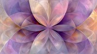 Ethereal floral mandala pattern in soft purple and peach tones creates a dreamy kaleidoscopic design with translucent overlapping petals radiating from center.