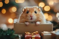 Curious dwarf hamster peeking from cardboard box amid Christmas lights and wrapped presents, creating magical holiday atmosphere with warm bokeh background.
