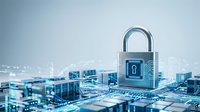 Digital security padlock on futuristic circuit board with glowing connections representing cybersecurity, data protection and network safety technology.