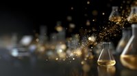 Glowing particles float around glass laboratory flasks containing golden liquid against dark background, creating magical scientific atmosphere for research concepts.