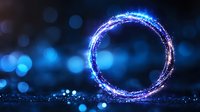 Glowing magical circle with sparkling blue light particles and bokeh effect on dark background creates mystical atmosphere for fantasy designs.
