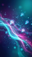 Digital innovation concept with glowing circuit board, light bulbs and flowing energy streams on vibrant blue purple gradient background for tech presentations.